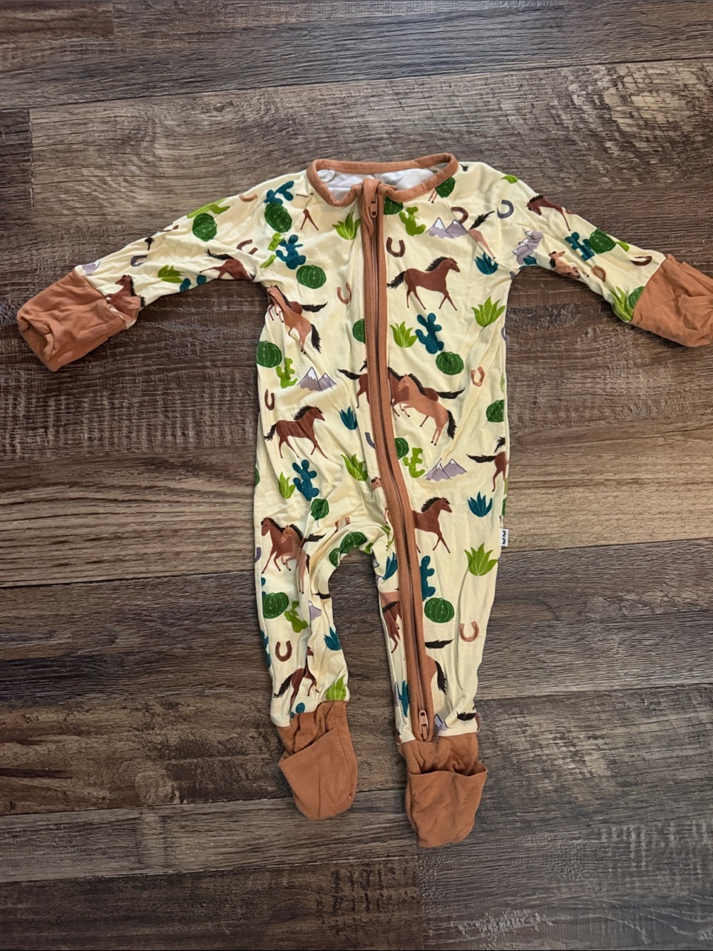 Little Sleepies Cream Footie with Brown Horse & Green Cactus Print